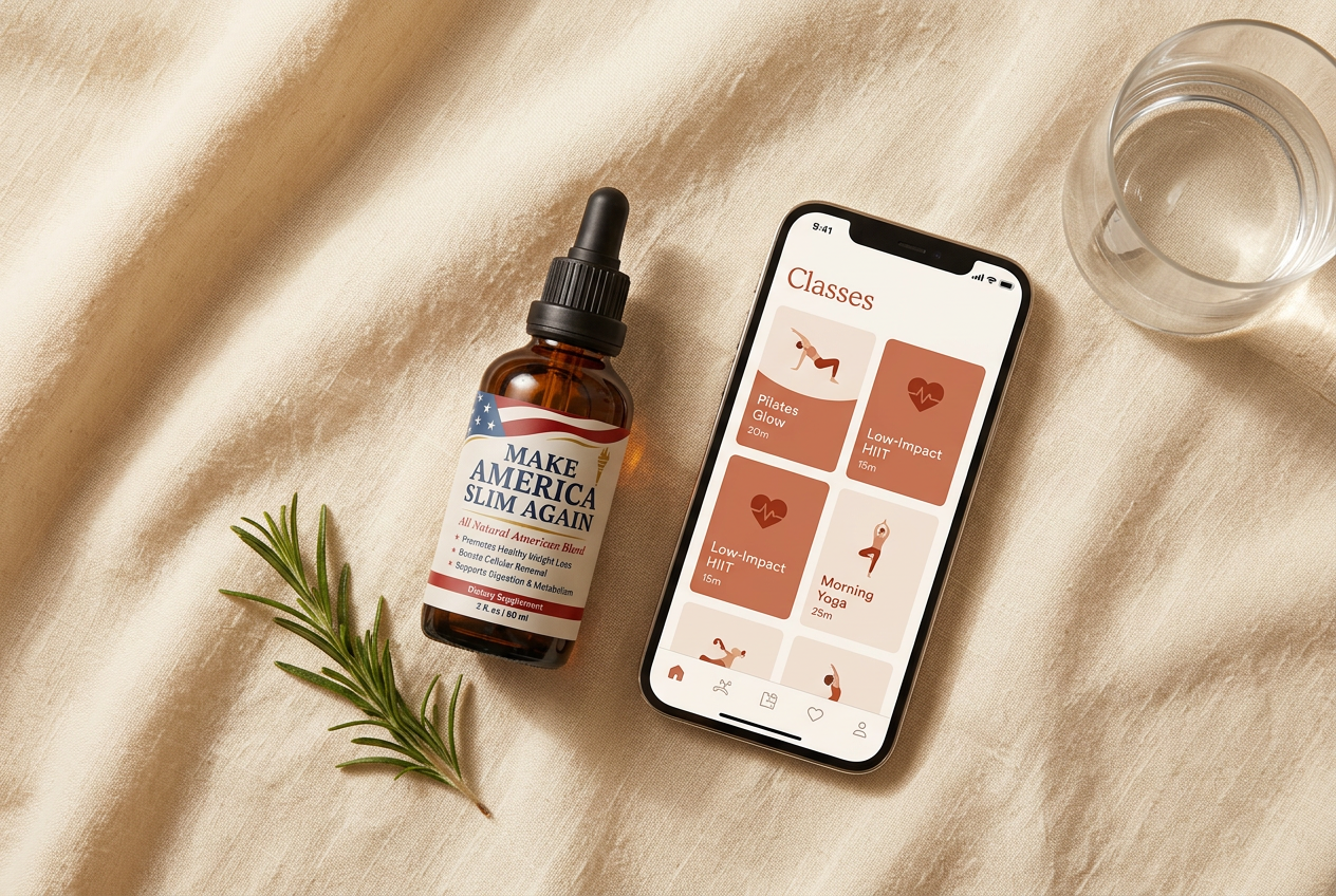 BicarboSlim app on a phone next to a Make America Slim Again supplement bottle