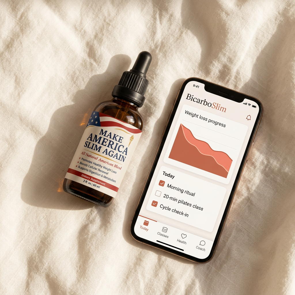 BicarboSlim app on a phone next to the Make America Slim Again supplement